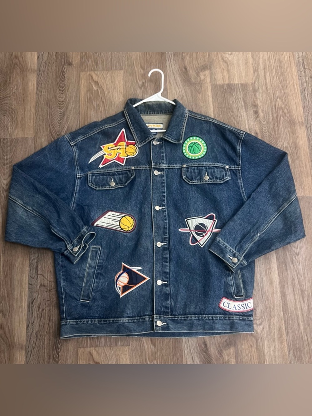 Vintage PJ mark blue denim jacket with NBA patches Size: 3XL #denim/A309